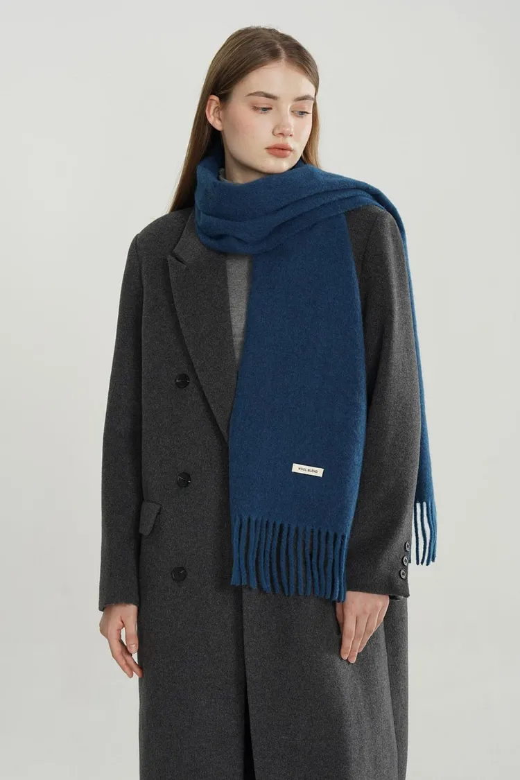 Wool Blend Minimalist Solid Woven Fringed Scarf