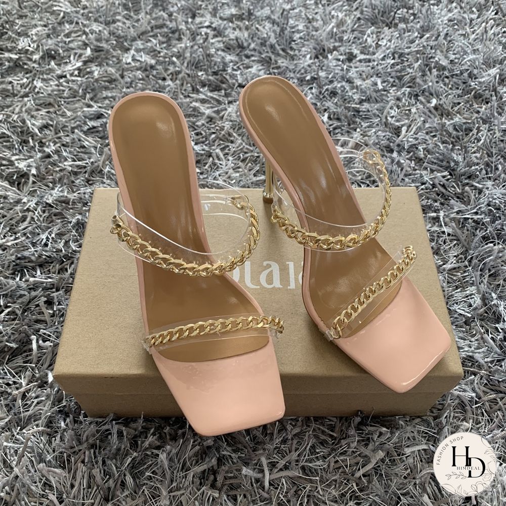 Summer Women Sandals Square Toe Ladies Heel Mules Clear PVC Transparent High Heels Slippers Female Fashion Chain Shoes Woman