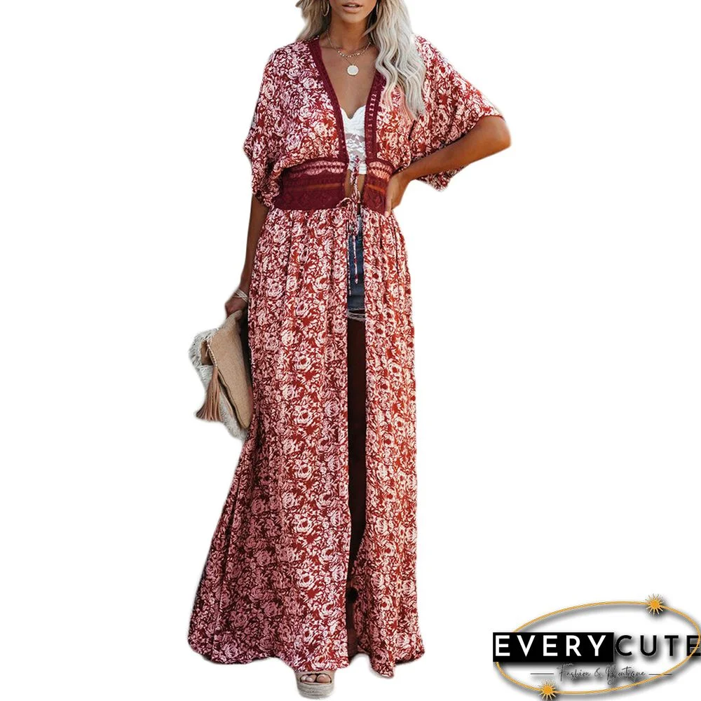 Rust Red Chiffon & Lack Long Kimono Beach Cover