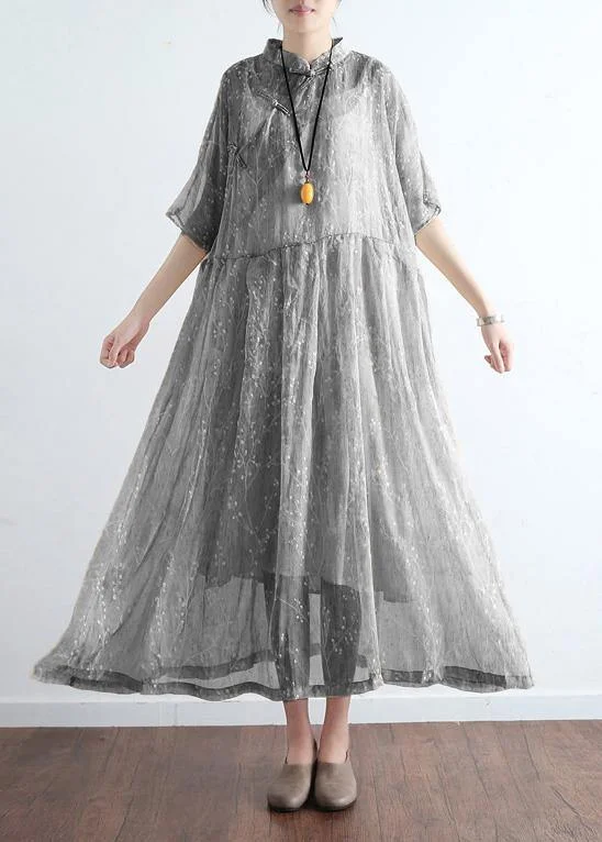 French light gray cotton dresses Mom Inspiration stand collar Art summer Dress