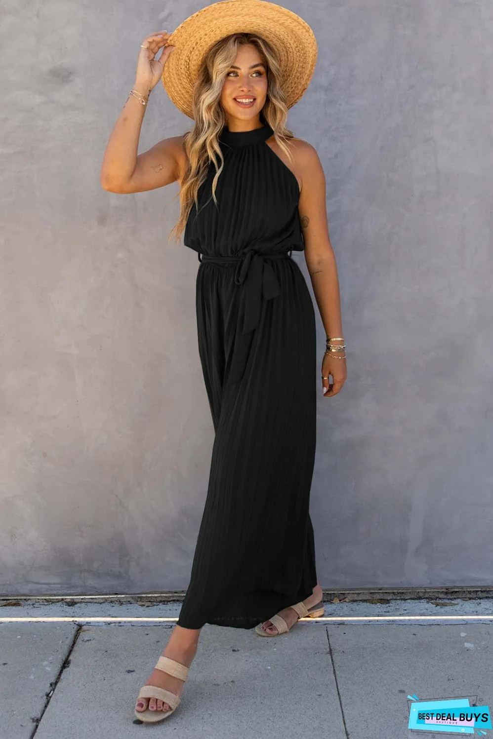 Halter Neck Pleated Wide Leg Jumpsuit with Belt