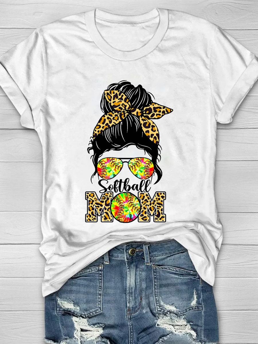 Leopard Softball Mom Tie Dye Print Short Sleeve T-Shirt