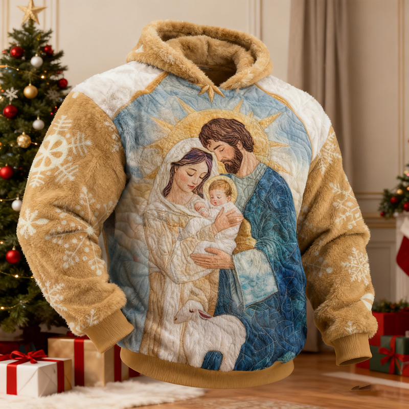 Men's Retro Christmas Nativity Pattern Long Sleeve Flannel Hoodie elevenforest