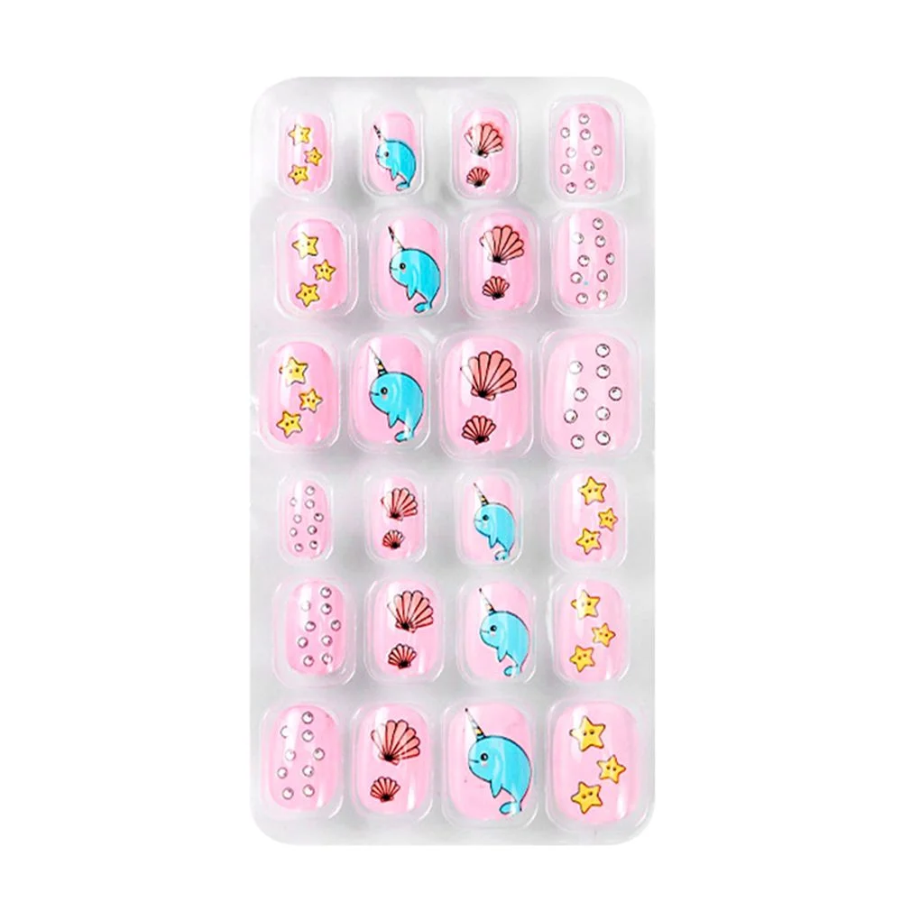 24Pcs/box Kids False Nails Press On Nail Cartoon Full Cover Fake Nails Snowflake Design Manicure Tips Nail Art for Children