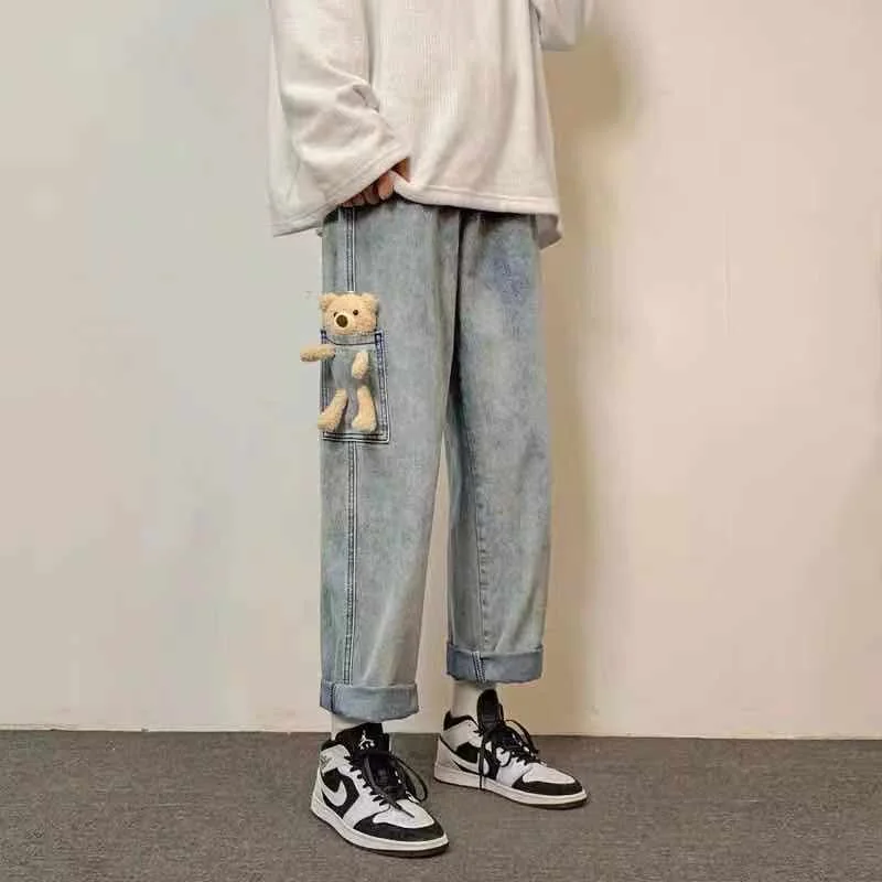 Cartoonh Women 2022 Loose Oversize Teddy Bear Denim Wide Leg Pants Harajuku High Waist Straight Pants Streetwear Boyfriend Jeans