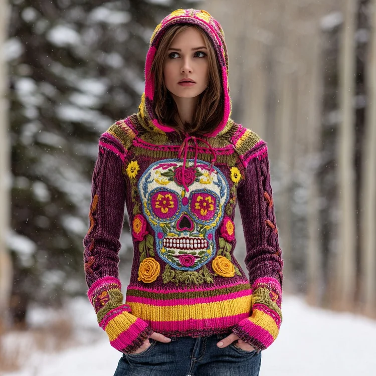 Women's Vintage Sugar Skull And Floral Knit Jacquard Warm Hooded Sweater