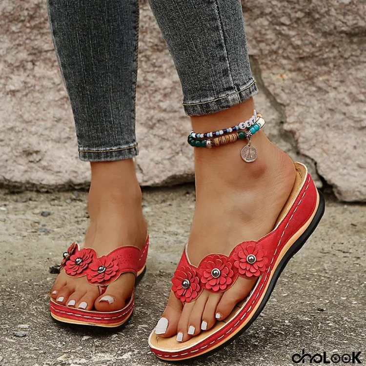 Vintage Floral Casual Wedge Flip-Flops