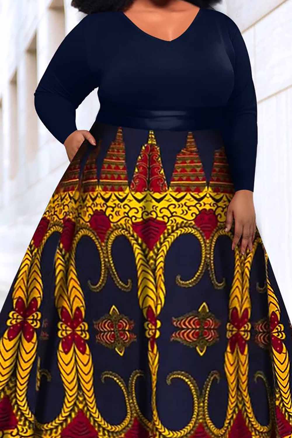 Design Plus Size Daily Multicolor Ankara V Neck Long Sleeve Pocket Knitted Maxi Dresses [Pre-Order]