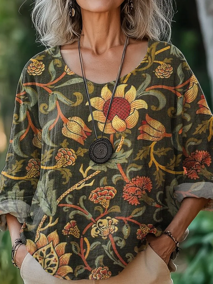 Women's  Flowers  Art  Print Casual Cotton And Linen Shirt