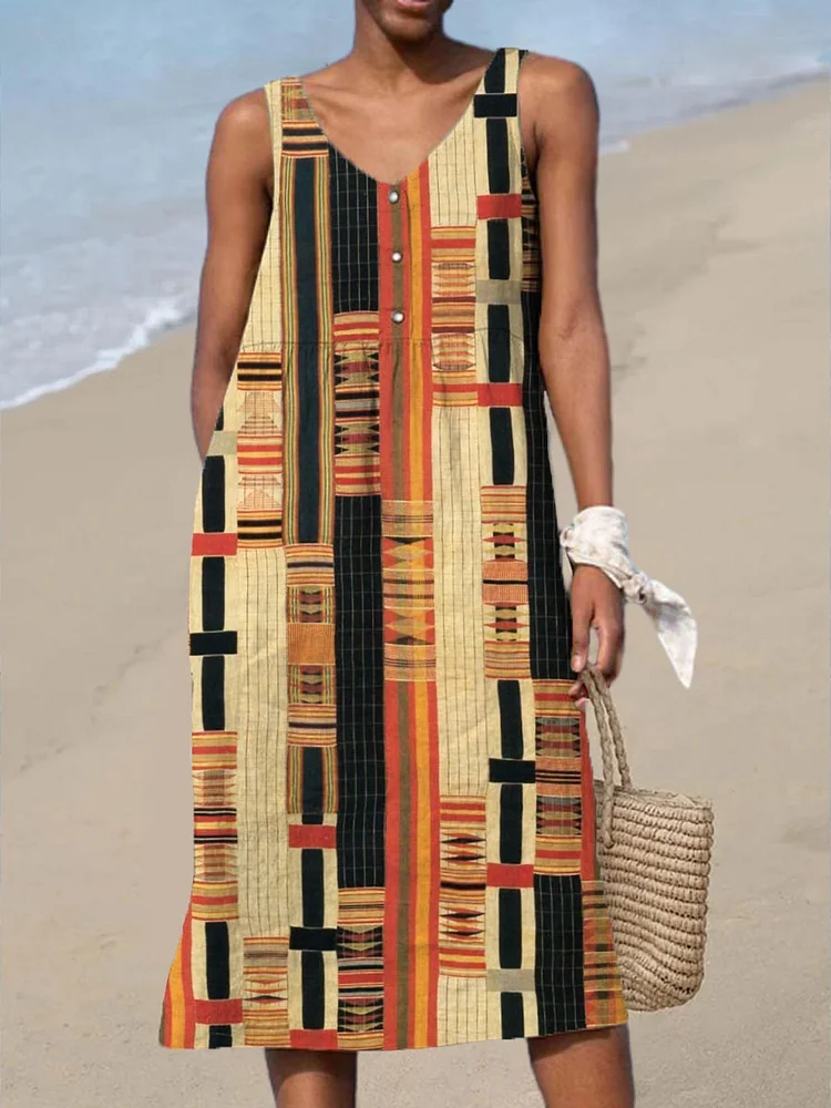 Women's Geometric Pattern Art Print Sleeveless Cotton And Linen Dress