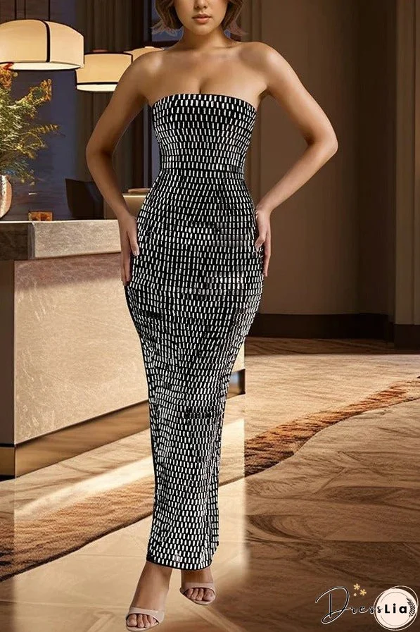 Flash Sculpture Rhinestone Embellished Bandeau Slit Stretch Maxi Dress