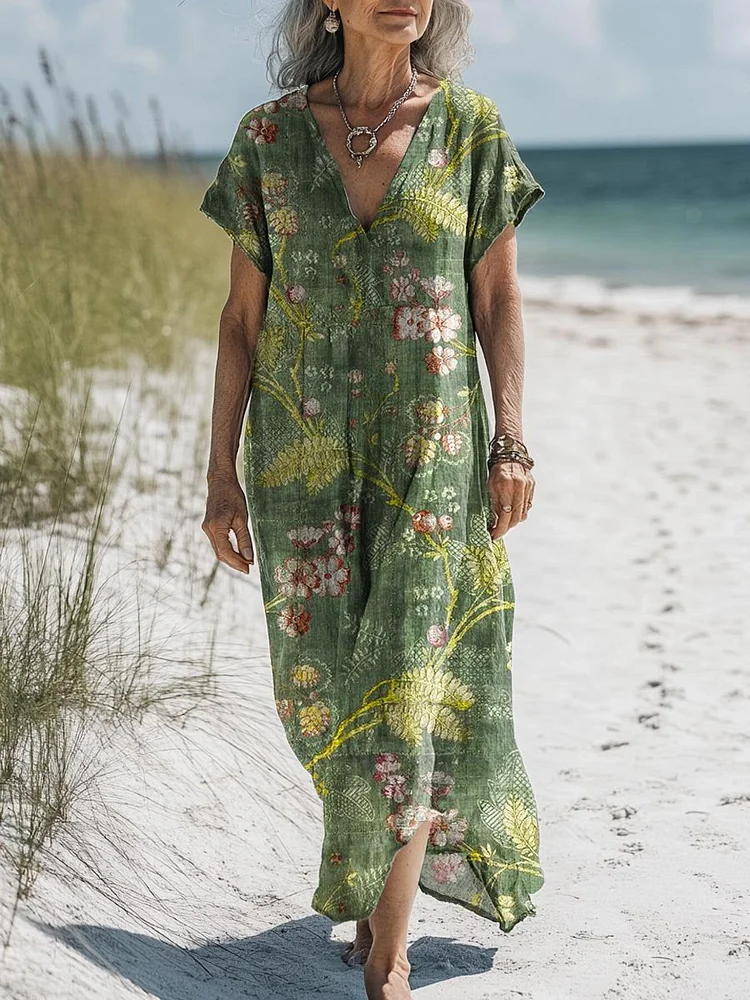Women's Vintage Lovely Floral Art Print Pocket Cotton Dress