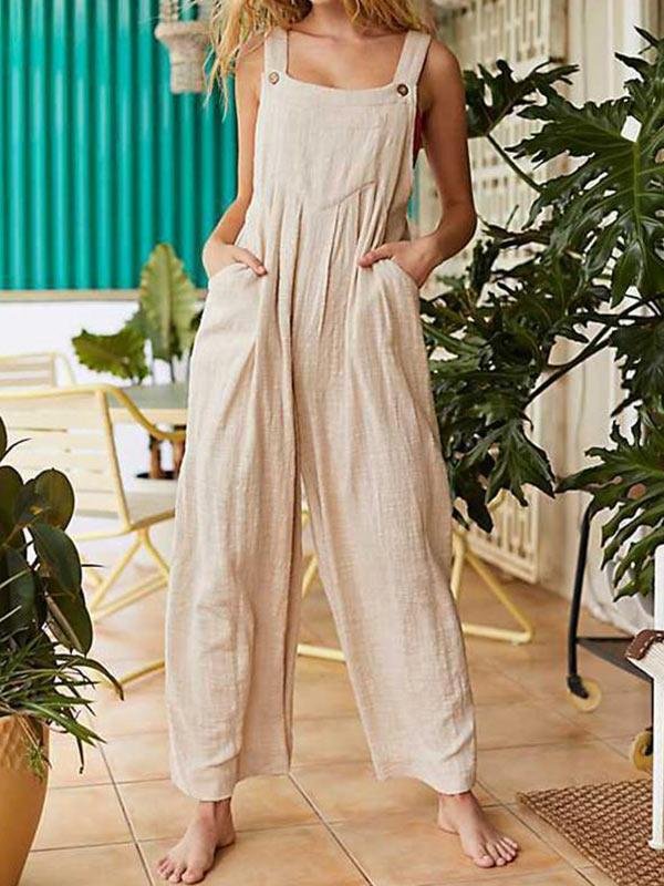 Women's loose solid color cotton and linen pocket jumpsuit-Mayoulove