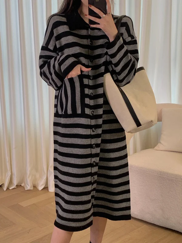 Urban Long Sleeves Roomy Striped Polo Sweater Dresses