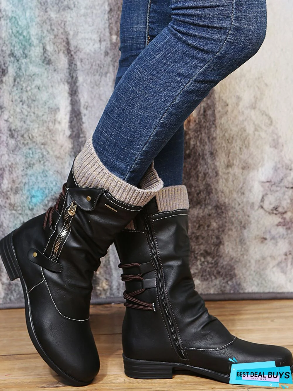 Vintage Yarn Panel Side Zip Flat Boots