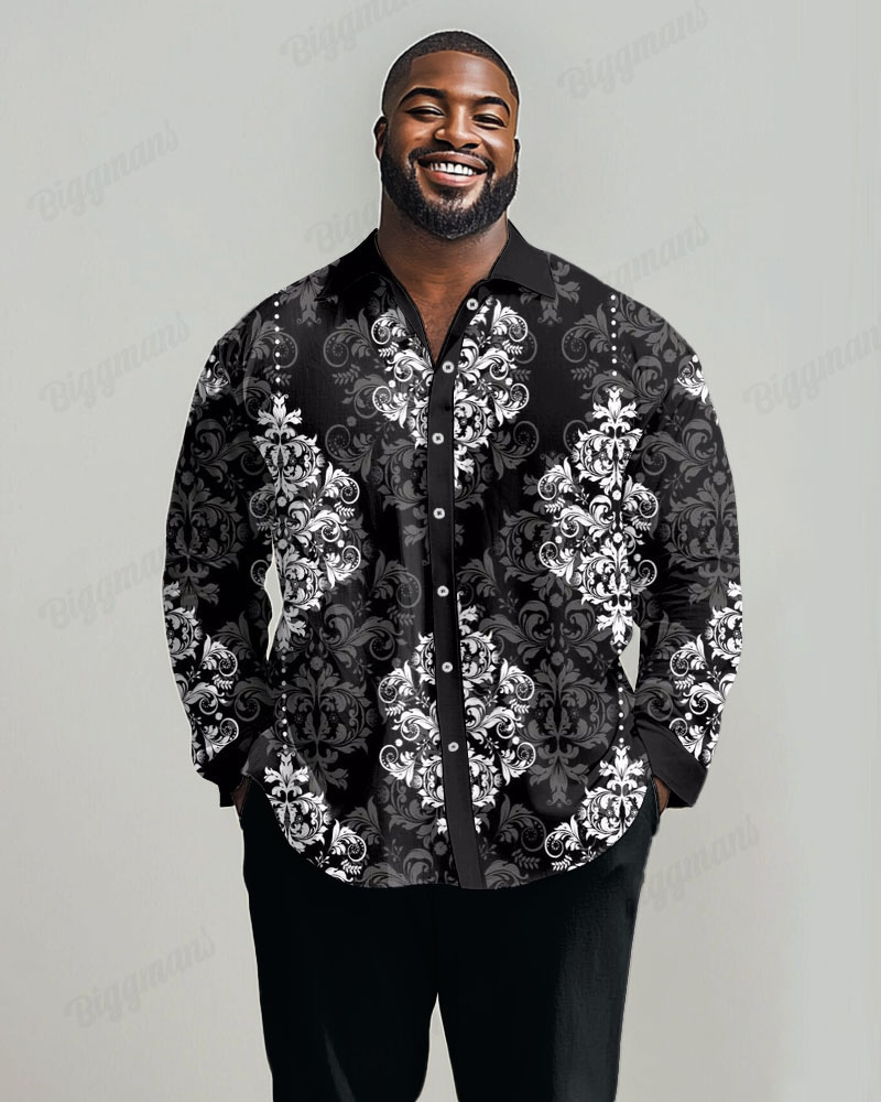 Men's Plus Size Vintage Luxury Classical Black Print Lapel Long Sleeve Shirt