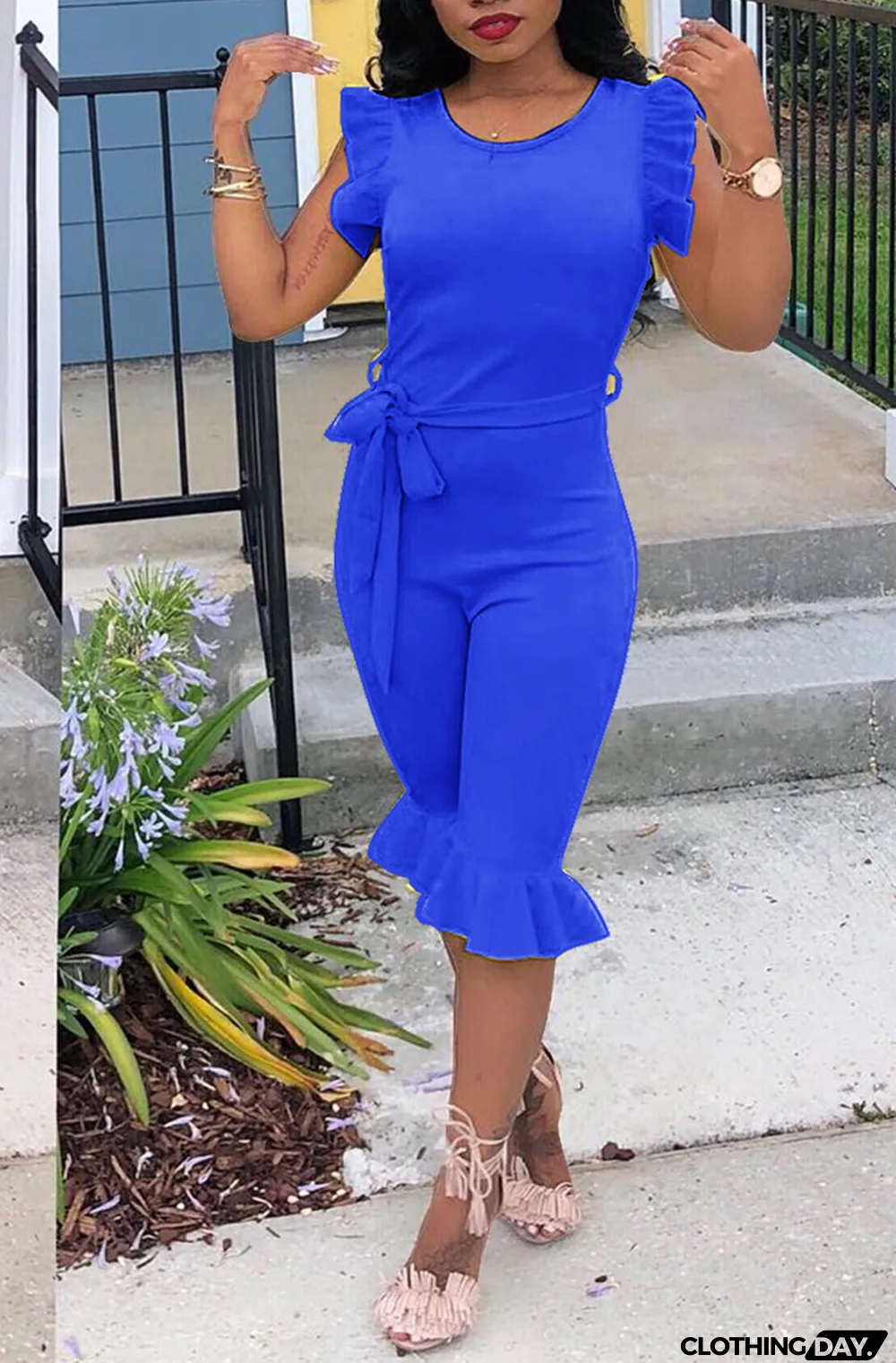 Red Casual Solid Flounce O Neck Regular Jumpsuits