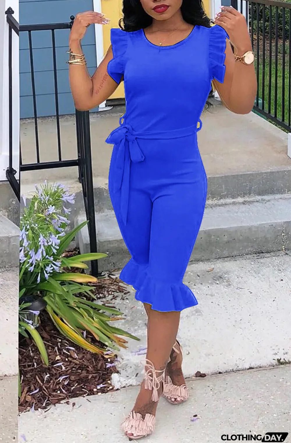 Red Casual Solid Flounce O Neck Regular Jumpsuits