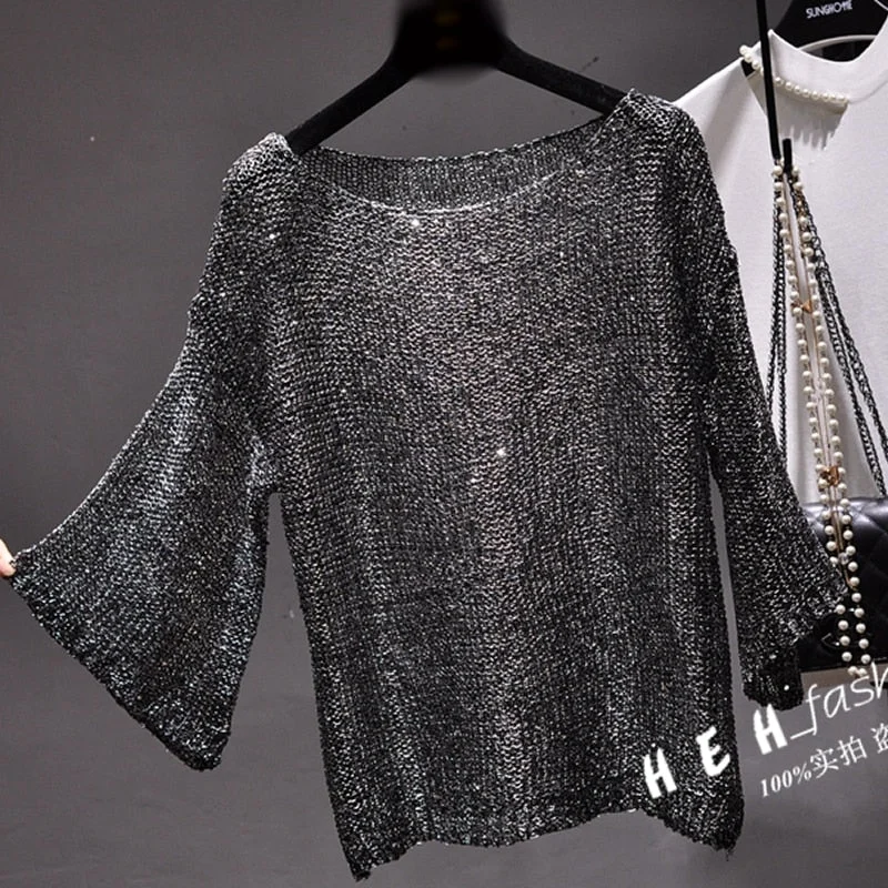 Huibahe Shiny Lurex Sequin Sweater Women Long Sleeve Pullover Round Neck Golden Basic Shirt Sequin Knit Tops Jumper QH2174