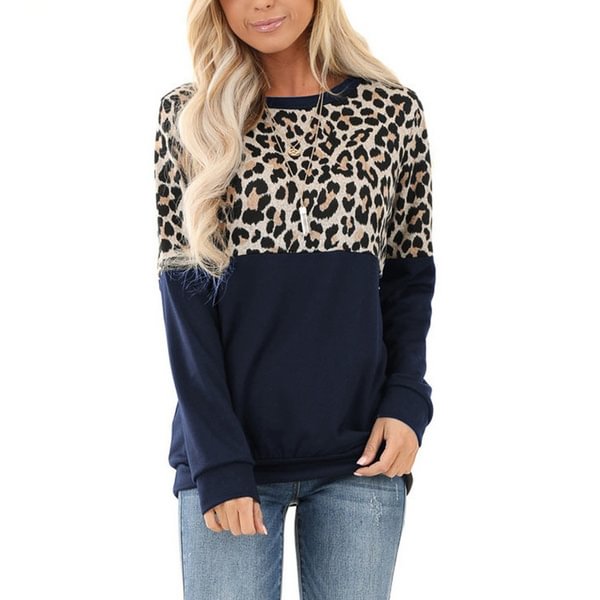 XS-6XL Autumn and Winter Fashion Women Leopard Patchwork Round Neck Long Sleeve Tops Loose Pullover Blouses Plus Size Cotton T Shirt Tops - BlackFridayBuys