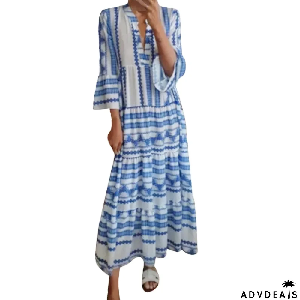Women's Vintage Boho Print Pleated Deep V Neck Boho Maxi Dress
