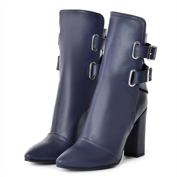 Navy Chunky heel Boots Buckle Ankle Boots for Women |FSJ Shoes