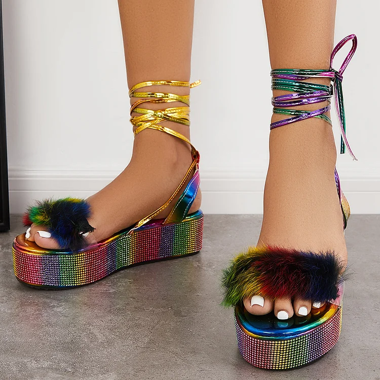 HUXM Glitter Open Toe Lace Up Platform Heel Ankle Strap Sandals