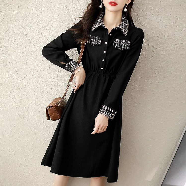 Black A-Line Checkered/plaid Long Sleeve Dresses