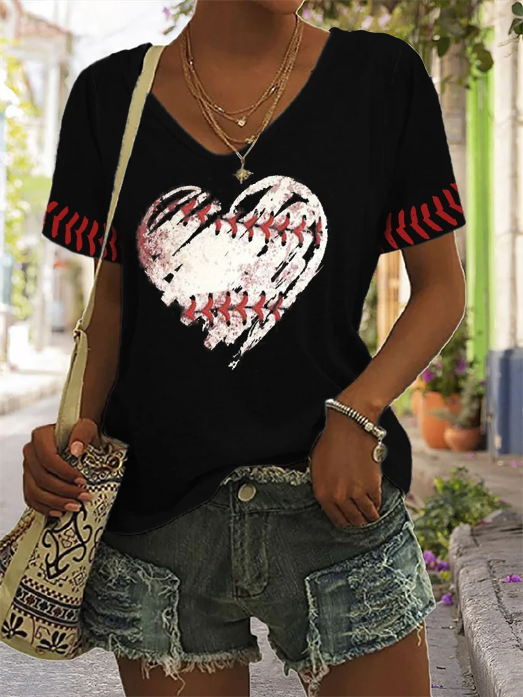 Wearshes Baseball Heart Print Casual V Neck T Shirt
