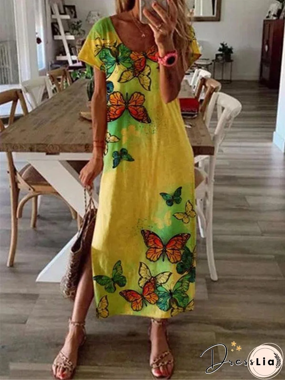 Women Summer Yellow Butterfly Printed Dress