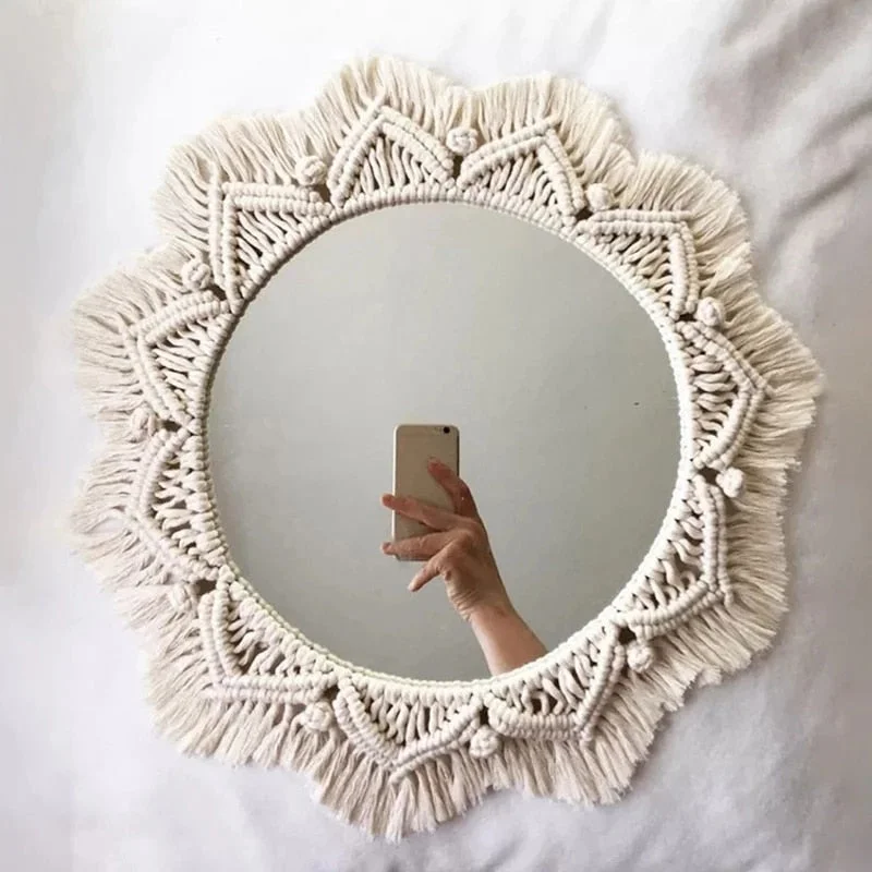 Round Macrame Decorative Wall Mirror for Boho Home Decor Makeup Aesthetic Living Room Bedroom Christmas Wedding Decoration Gift