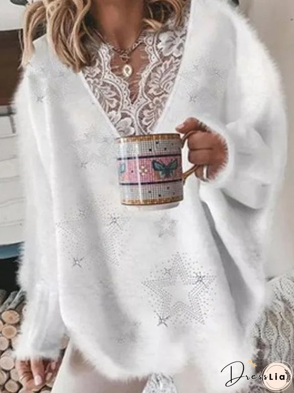 Sweater Lace V-Neck Long Sleeve Sweater for Women