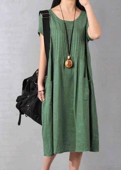 Unique Robes Women Cotton Linen Loose Fitting Short Sleeve Dress In Green