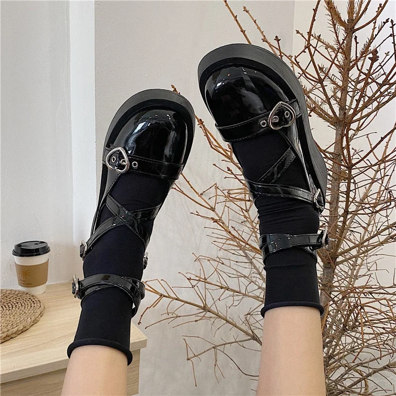 Women Shoes Sweet Lolita Shoes Platform Round Head Thick Heel Cross Bandage Kawaii Shoes Cosplay Mary Jane Shoes Heart Buckle
