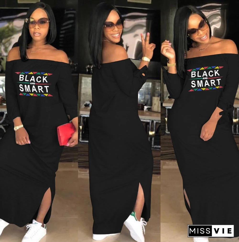 Autumn Alphabet Printing Off Shoulder Side Slit Dress