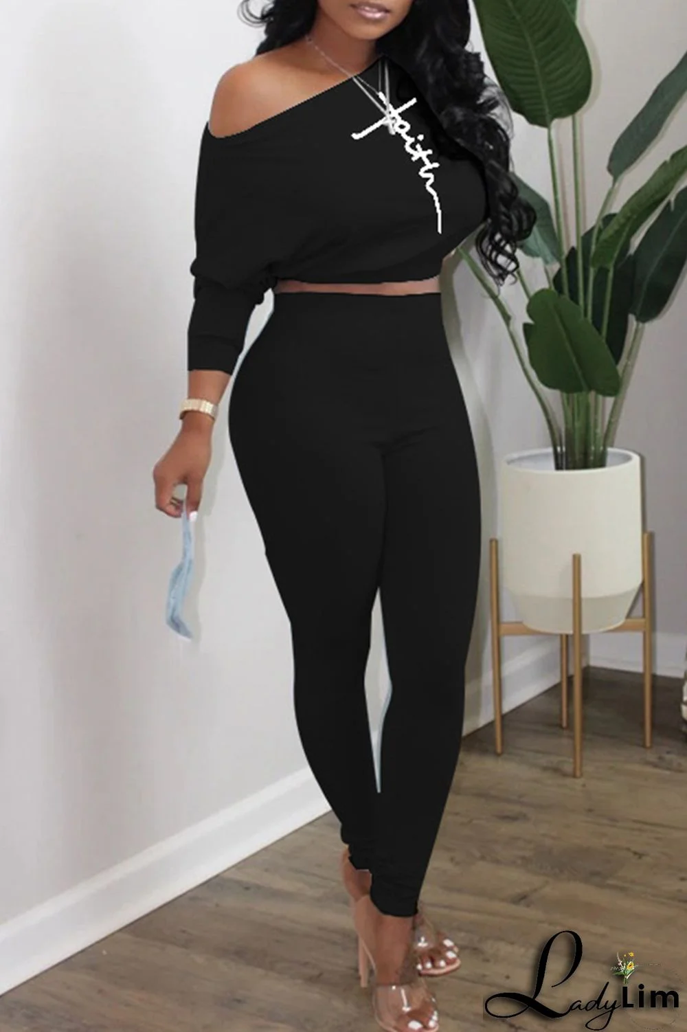 Cyan Fashion Casual Print Basic Oblique Collar Long Sleeve Two Pieces