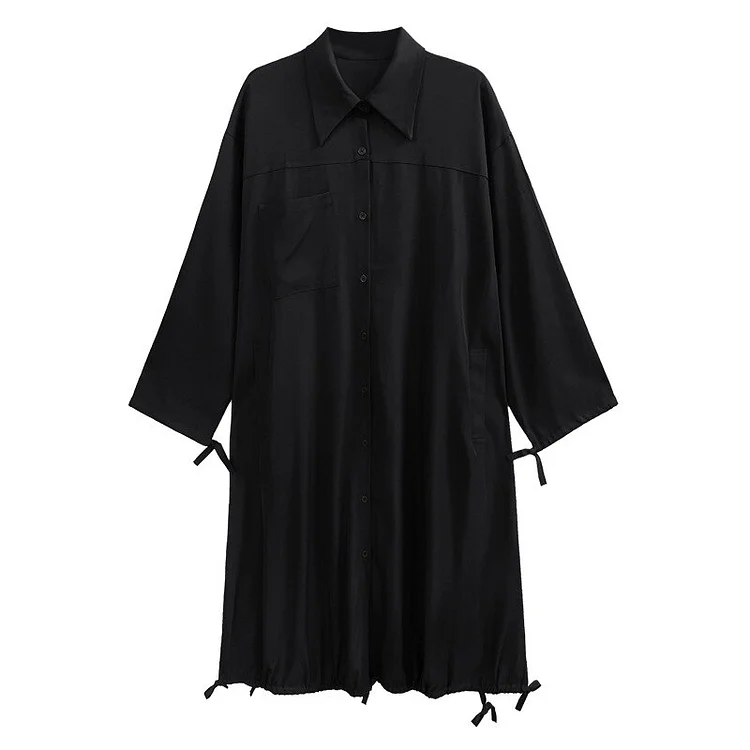 Fashion Loose Solid Color Stand Collar Single-breasted Drawstring Slit Hem Long Sleeve Dress