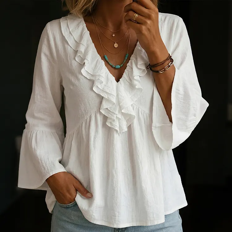 Women's Solid Color Ruffle V Neck Blend Loose T-shirt