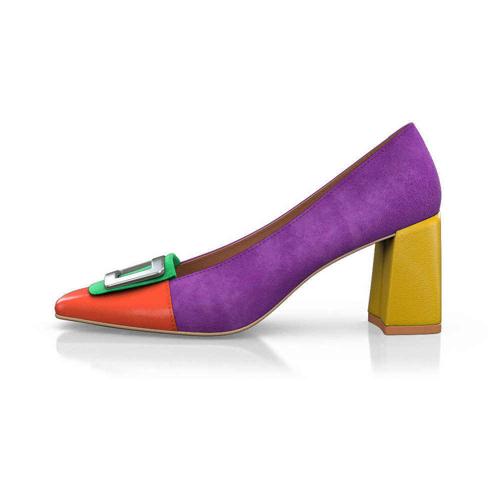 Multicolor Faux Suede Square Toe 3'' Block Heel Pumps with Buckle Nicepairs