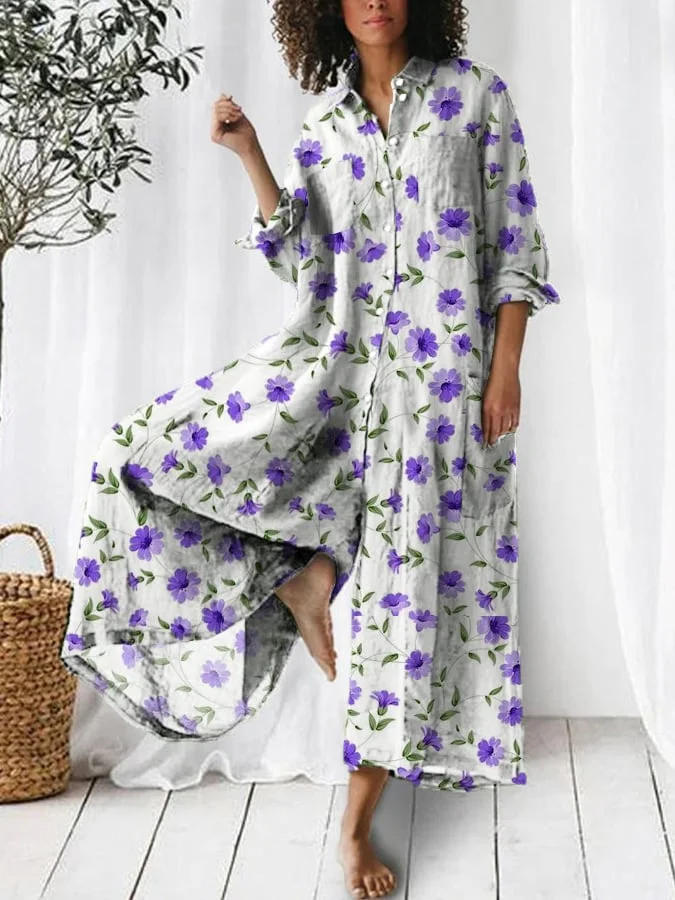 Women's Vintage Floral Design Long Sleeve Multi-Pocket Shirt Jumpsuit
