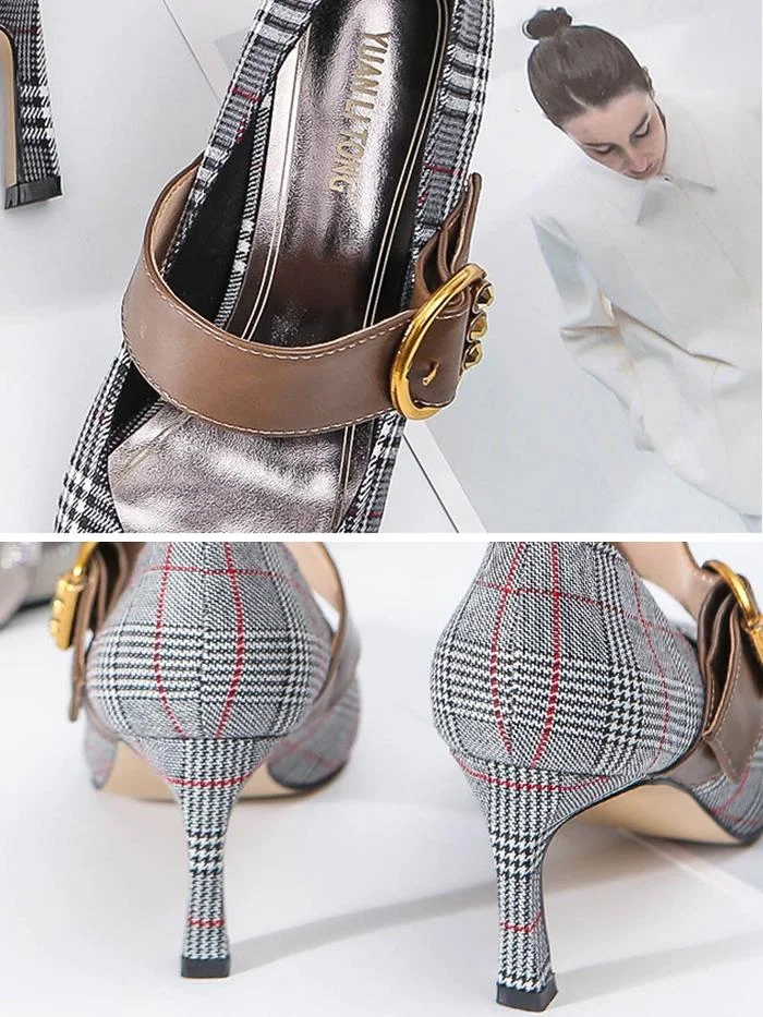 Shallow pointed toe stiletto heels with metal buckle plaid high heels