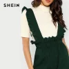 SHEIN Green Preppy Solid Wide Leg Pants Elastic Waist Ruffle Strap Calf Length Jumpsuit Women Summer Office Workwear Jumpsuits