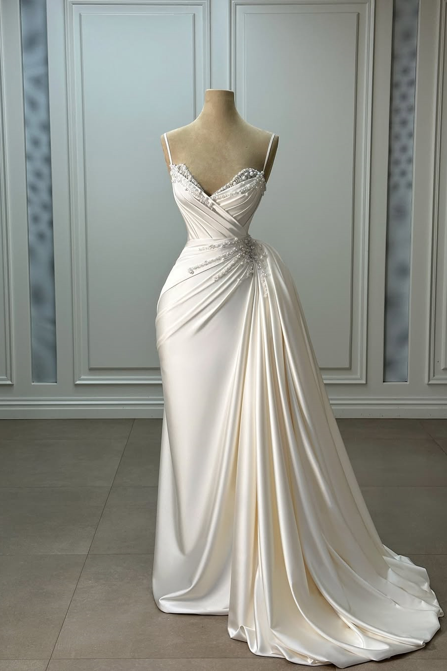 Bellasprom Ivory Spaghetti-Straps Sweetheart Mermaid Wedding Dress Long With Pearls Ruffles Bellasprom