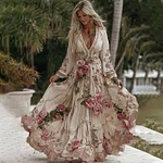 Women's Vintage Rose Floral Embroidery Art Casual V Neck Maxi Dress - Image 2