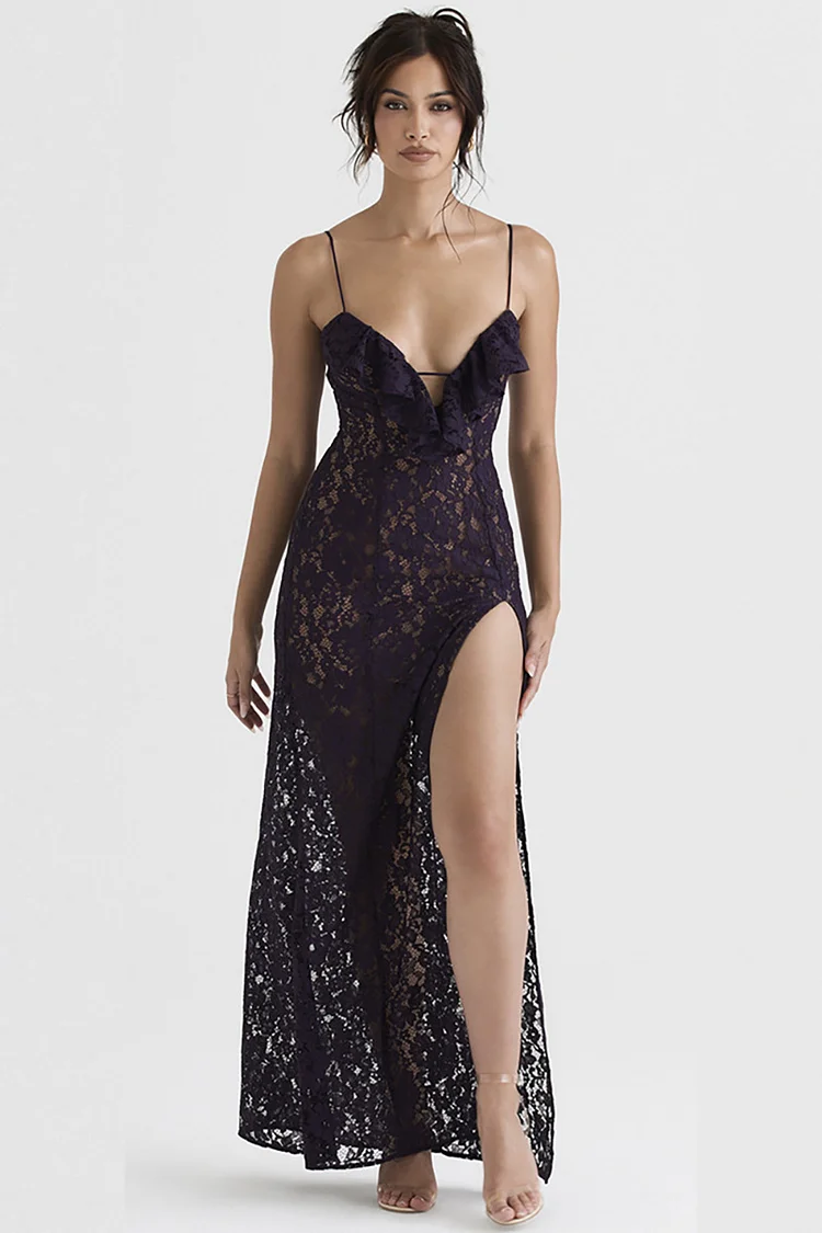Ruffle Deep V Neck Lace High Slit Party Slip Maxi Dress