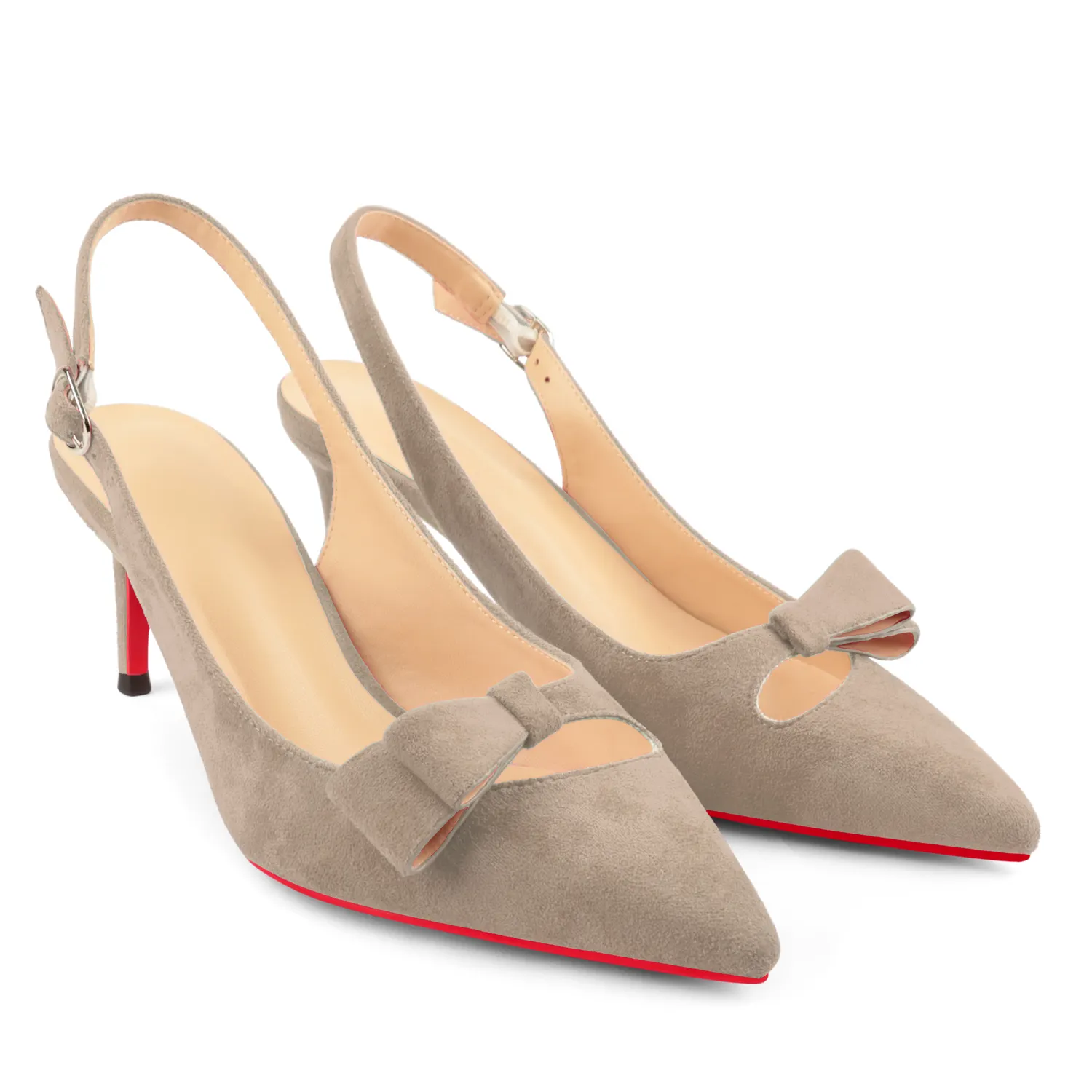 65mm Women's Pointed Toe With Bows Kitten Stillettos Slingback Red Bottoms Prom Suede Sandals-vocosishoes