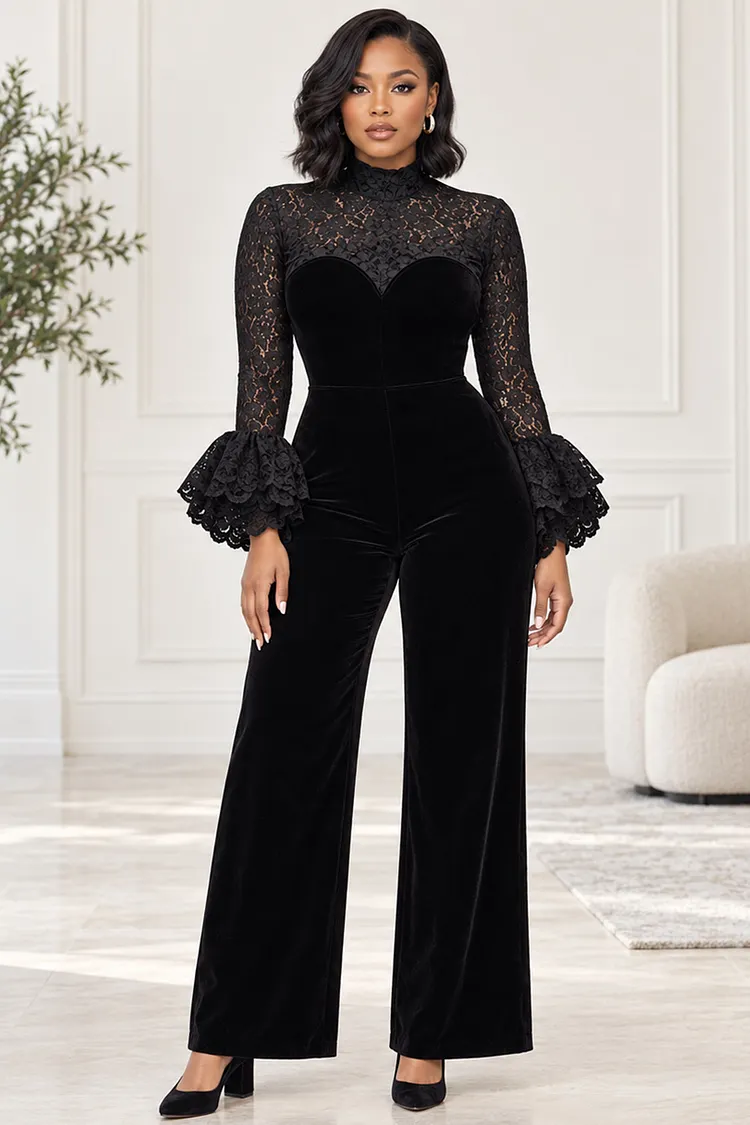 Xpluswear Design Plus Size Wedding Guest Lace Black Round Neck Flare Long Sleeve Ruffle Contrast Velvet Jumpsuits [Pre-Order] 2024 - Xpluswear