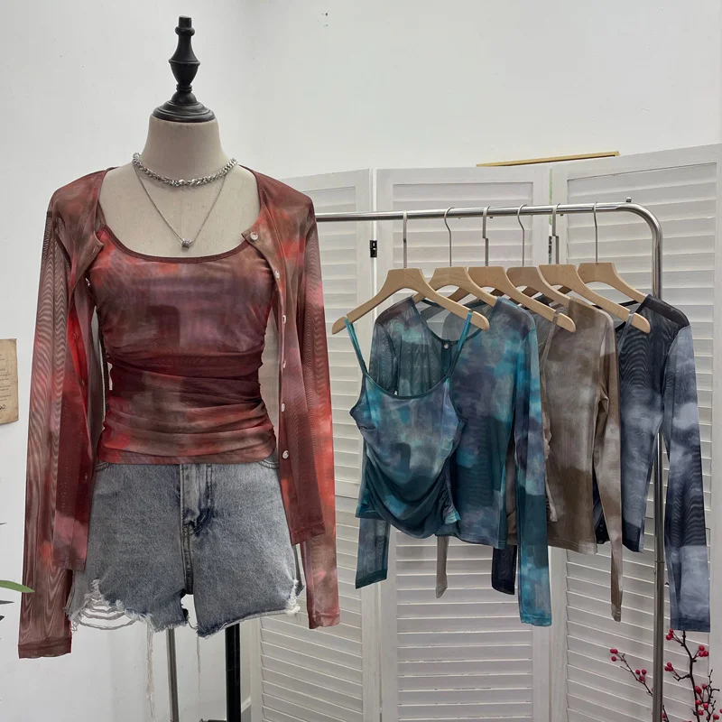 Nigikala Nigikala Babes Tie-Dye Net Yarn Sunscreen Cardigan Two Sets Of Sling Vest + Long-Sleeved Shirt Top 8056