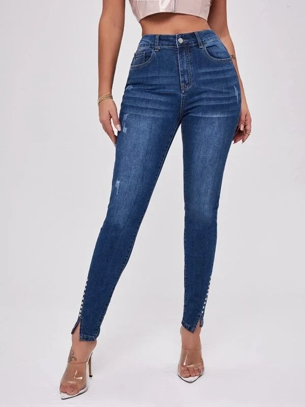Slit Beaded Panel Slim High-Rise Stretch Jeans