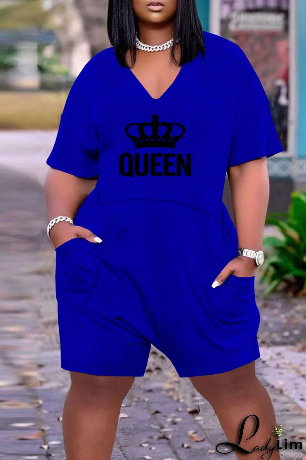 Light Gray Casual Print Split Joint Pocket V Neck Loose Jumpsuits